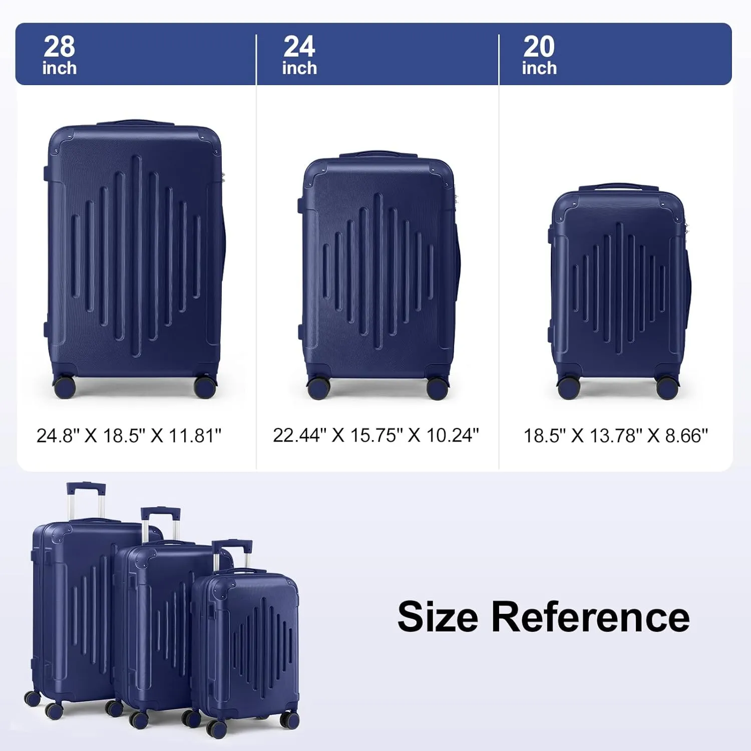 Karl home Luggage Set 3 Piece Suitcase Sets with TSA Lock Moulded Corner 4 Spinner Wheels, ABS Hardside Trolley Travel Case for Carry On Check-in Business Trip, Navy Blue (20/24/28)