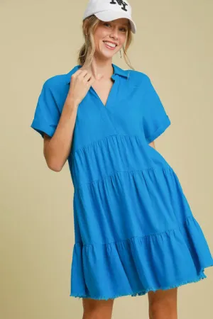 Keep It Casual Raw Hem Tiered Dress in Blue