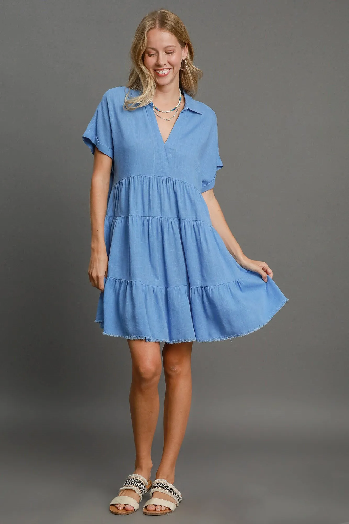 Keep It Casual Raw Hem Tiered Dress in Sky Blue