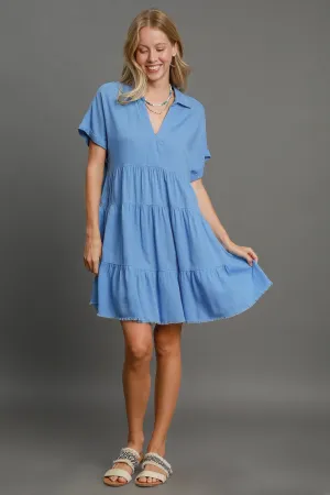 Keep It Casual Raw Hem Tiered Dress in Sky Blue