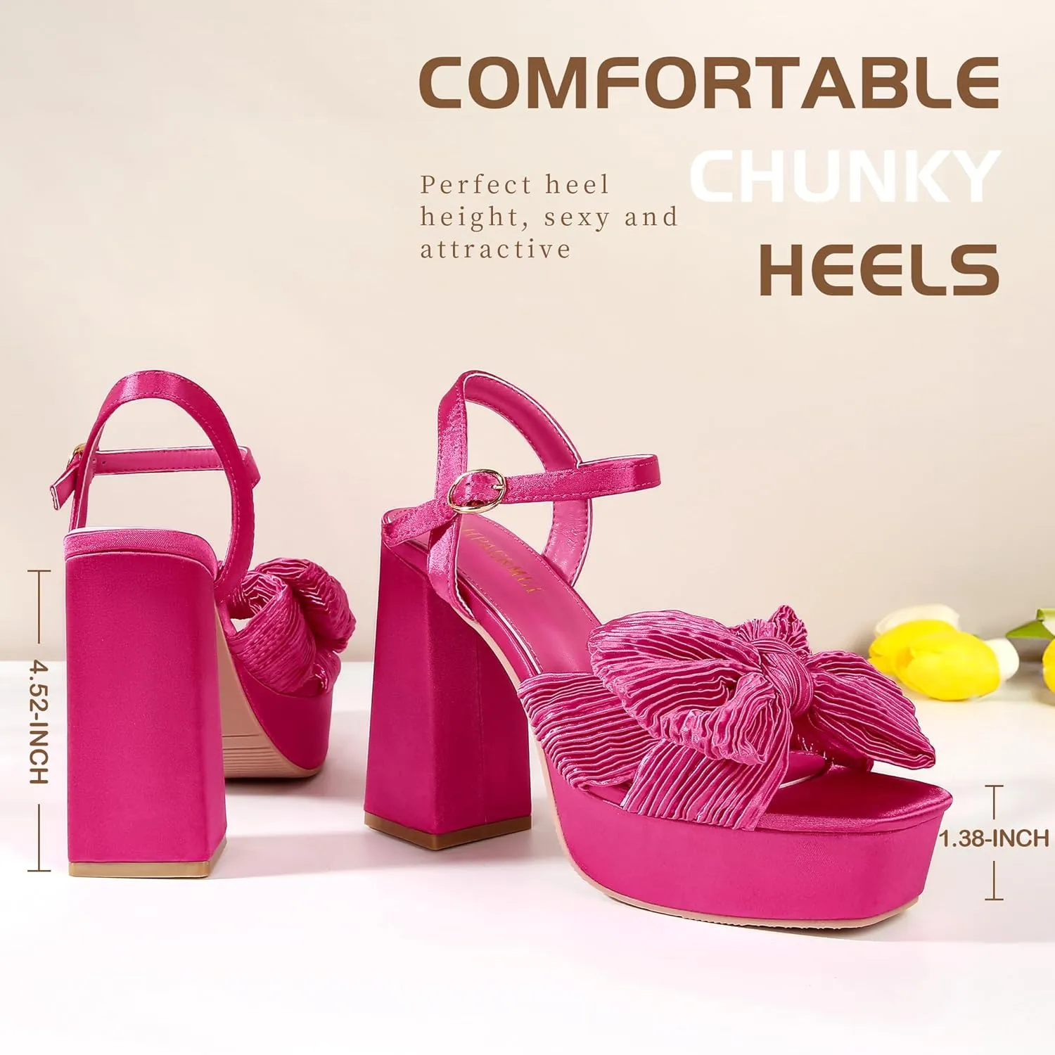 KHPAERMEI Bow Knot Platform Heels for Women Fashion Open Toe Chunky Heeled Sandals Ankle Strap Wedding Party Dress High Heels