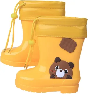 Kids Fleece Lined Rain Boots Boys Girls Winter Plush Rain Boots Cute Teddy Bear Printed Warm Lightweight Rainboots
