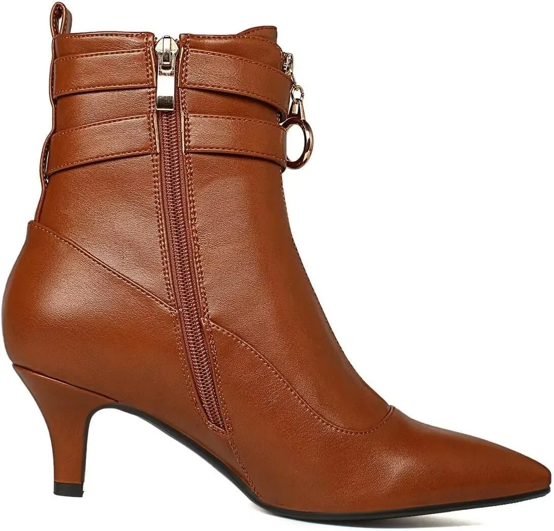 KISSASA Womens Buckle Strap Kitten Heel Booties Pointed Toe Zipper Ankle Boots