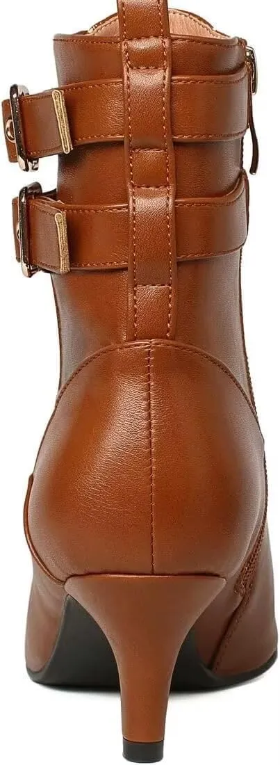KISSASA Womens Buckle Strap Kitten Heel Booties Pointed Toe Zipper Ankle Boots