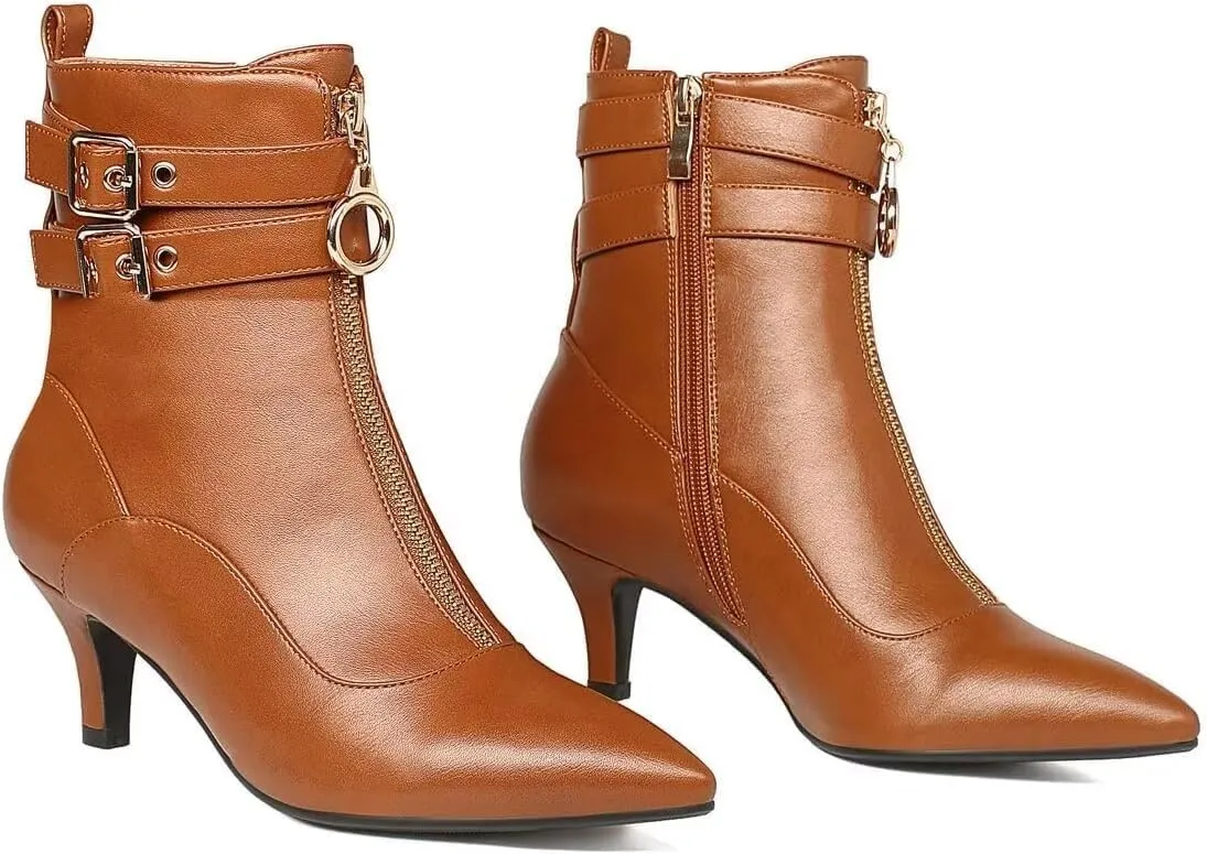 KISSASA Womens Buckle Strap Kitten Heel Booties Pointed Toe Zipper Ankle Boots
