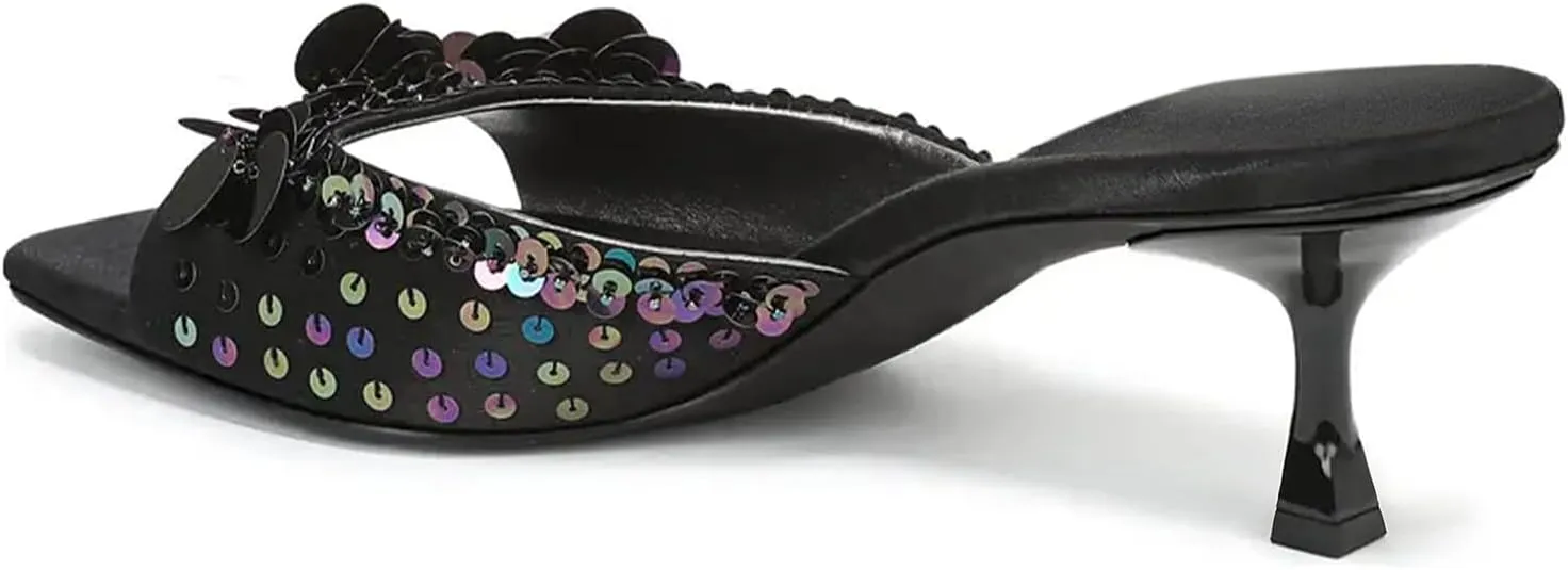Kitten Heel Sandals for Women Sequin Comfortable Open Square Toe Slip On Slide Shoes Elegant Dressy Low Heel Slippers