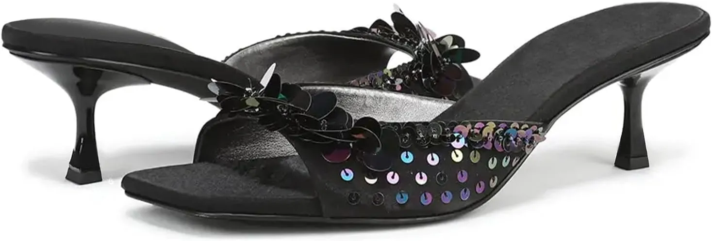 Kitten Heel Sandals for Women Sequin Comfortable Open Square Toe Slip On Slide Shoes Elegant Dressy Low Heel Slippers