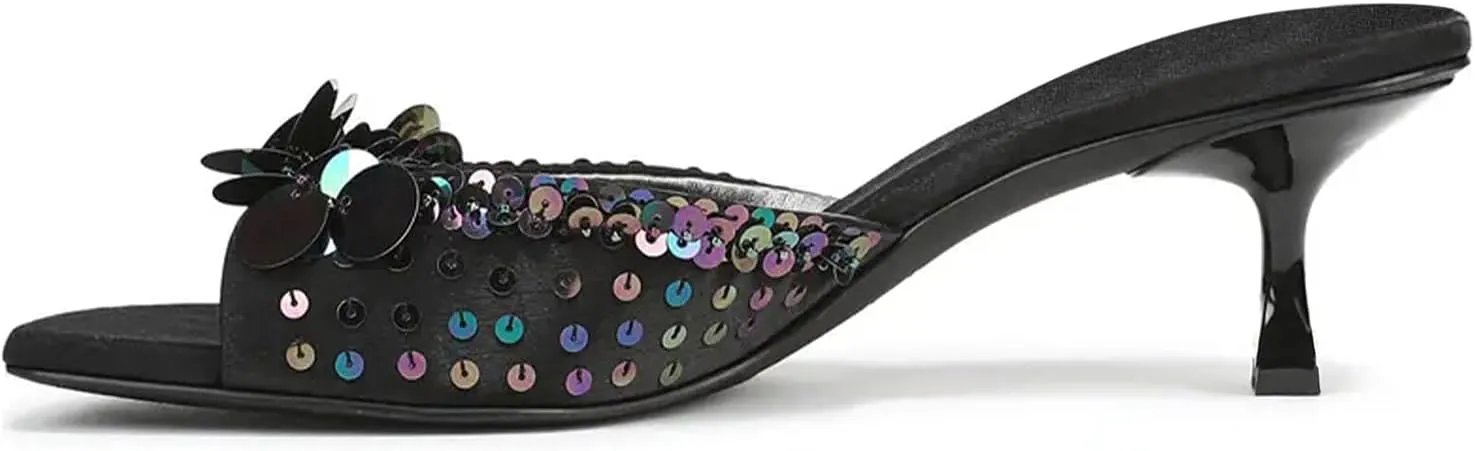 Kitten Heel Sandals for Women Sequin Comfortable Open Square Toe Slip On Slide Shoes Elegant Dressy Low Heel Slippers