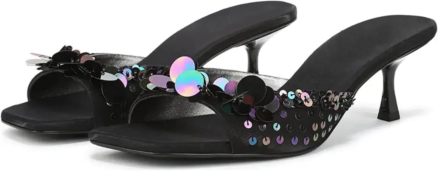 Kitten Heel Sandals for Women Sequin Comfortable Open Square Toe Slip On Slide Shoes Elegant Dressy Low Heel Slippers
