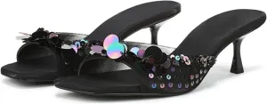 Kitten Heel Sandals for Women Sequin Comfortable Open Square Toe Slip On Slide Shoes Elegant Dressy Low Heel Slippers