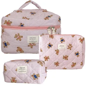Make Up Bag Set of 3 Quilted Make Up Bags for women Cute Cotton Cosmetic Bag Pink Striped Bear Make Up Pouch Large Travel Toiletry Bag For Women (A)