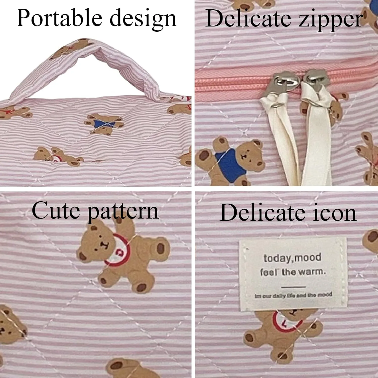 Make Up Bag Set of 3 Quilted Make Up Bags for women Cute Cotton Cosmetic Bag Pink Striped Bear Make Up Pouch Large Travel Toiletry Bag For Women (A)