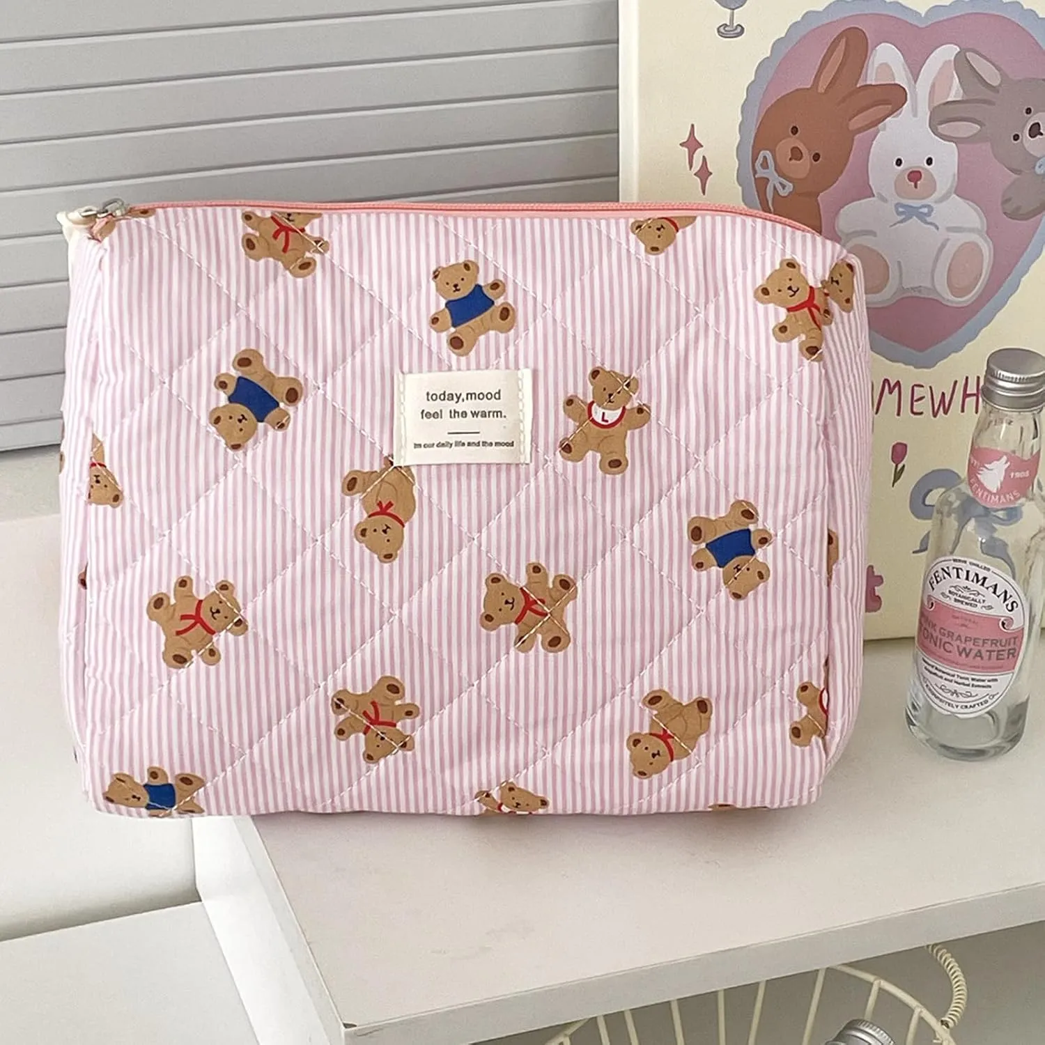 Make Up Bag Set of 3 Quilted Make Up Bags for women Cute Cotton Cosmetic Bag Pink Striped Bear Make Up Pouch Large Travel Toiletry Bag For Women (A)