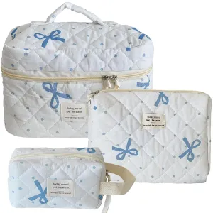 MakeUp Bag for Women 3pcs Quilted Cosmetic Bag set Blue Bow Make Up Pouch Cute Cotton Travel Toiletry Bag for Women Girls (F)