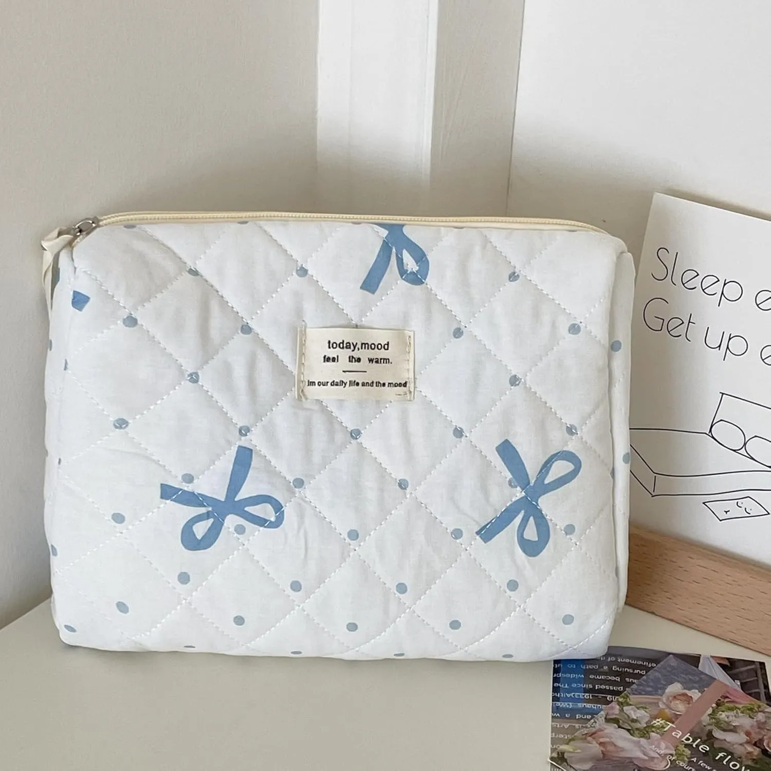 MakeUp Bag for Women 3pcs Quilted Cosmetic Bag set Blue Bow Make Up Pouch Cute Cotton Travel Toiletry Bag for Women Girls (F)