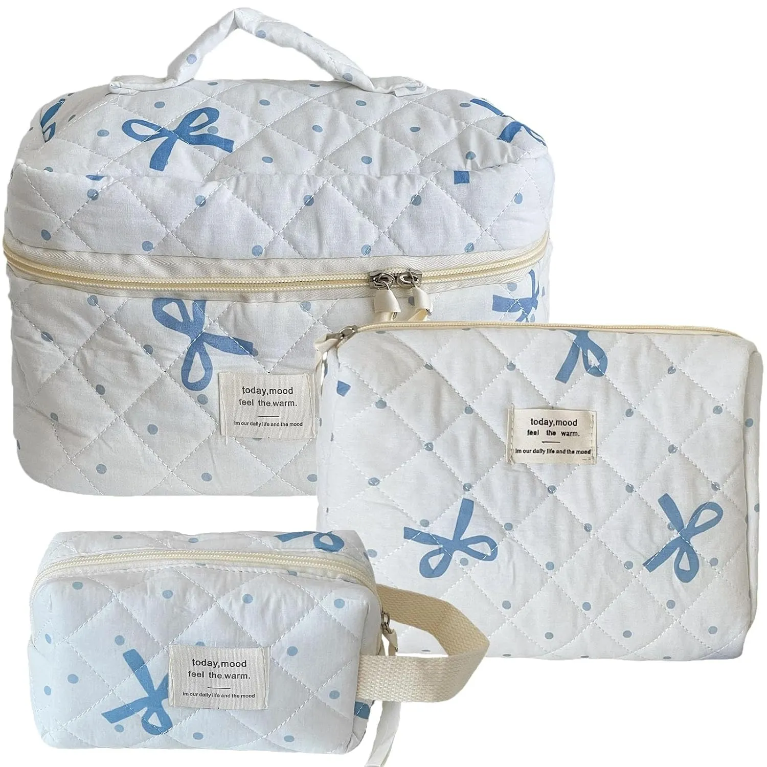 MakeUp Bag for Women 3pcs Quilted Cosmetic Bag set Blue Bow Make Up Pouch Cute Cotton Travel Toiletry Bag for Women Girls (F)
