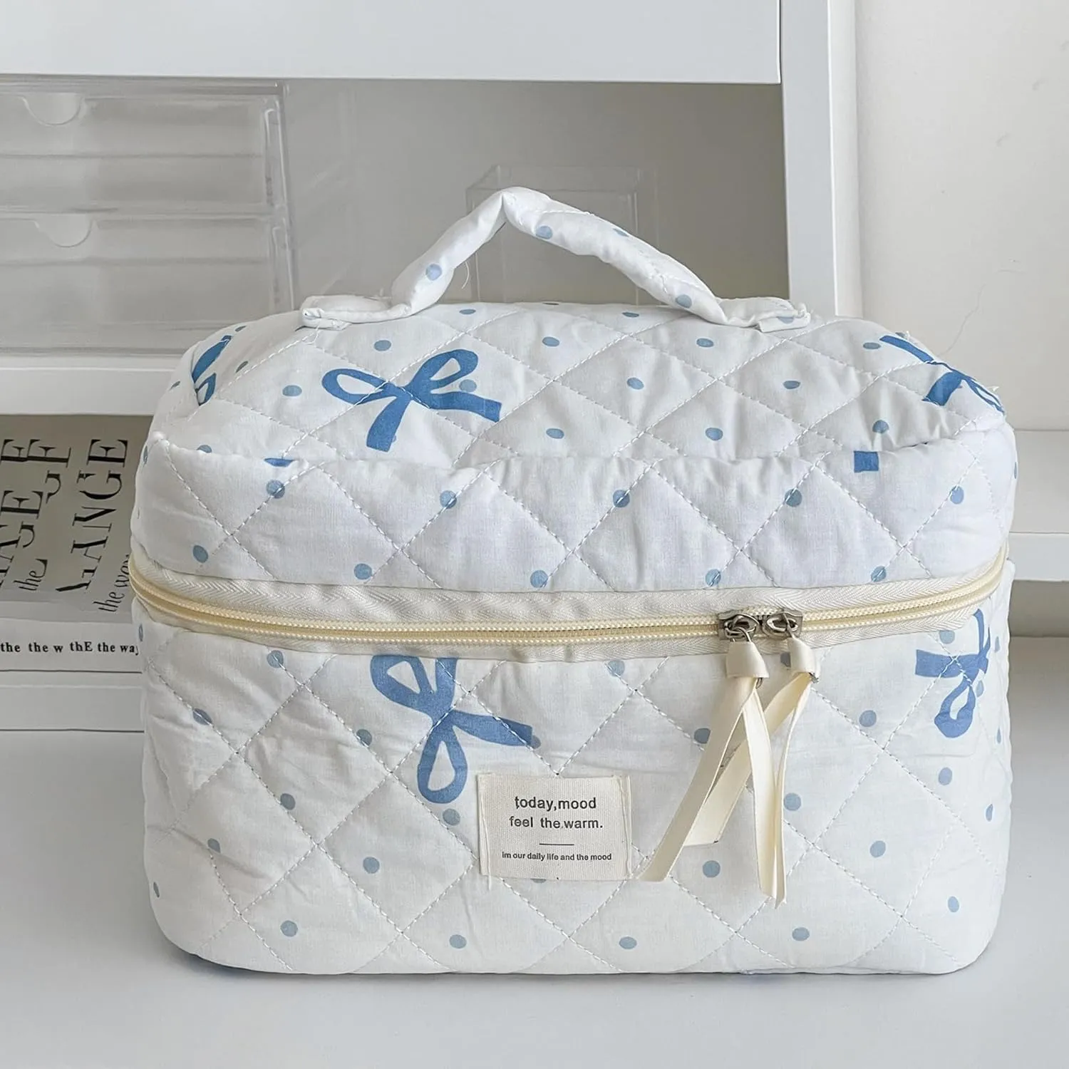 MakeUp Bag for Women 3pcs Quilted Cosmetic Bag set Blue Bow Make Up Pouch Cute Cotton Travel Toiletry Bag for Women Girls (F)