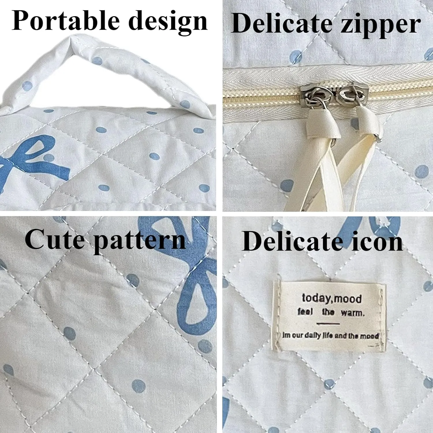 MakeUp Bag for Women 3pcs Quilted Cosmetic Bag set Blue Bow Make Up Pouch Cute Cotton Travel Toiletry Bag for Women Girls (F)