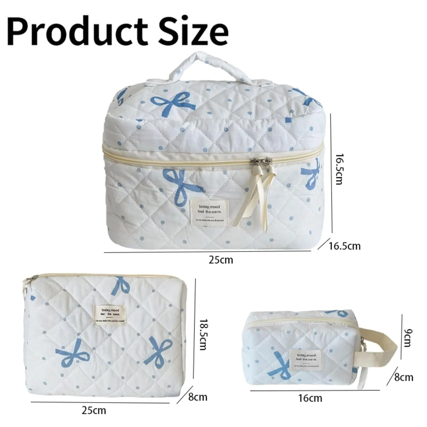MakeUp Bag for Women 3pcs Quilted Cosmetic Bag set Blue Bow Make Up Pouch Cute Cotton Travel Toiletry Bag for Women Girls (F)