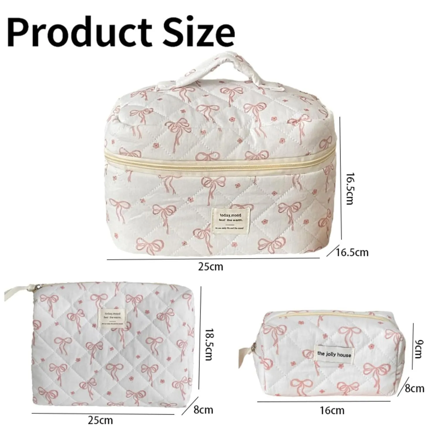 MakeUp Bag Set of 3 Large Quilted Cosmetic Bag Coquette Pink Bow Make Up Pouch Cute Cotton Travel Toiletry Bag for Women Girls (E)