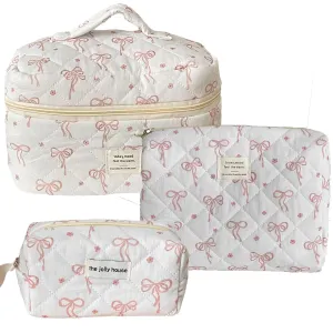 MakeUp Bag Set of 3 Large Quilted Cosmetic Bag Coquette Pink Bow Make Up Pouch Cute Cotton Travel Toiletry Bag for Women Girls (E)