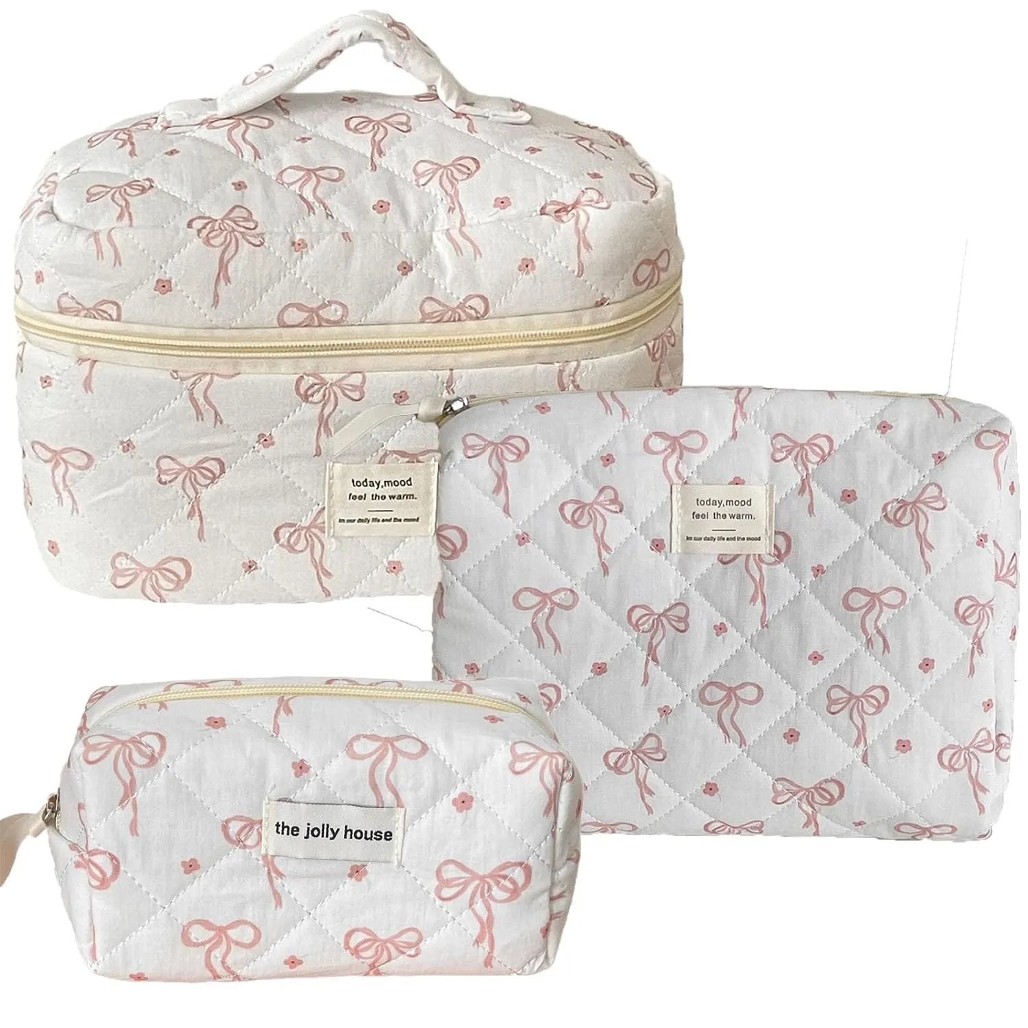 MakeUp Bag Set of 3 Large Quilted Cosmetic Bag Coquette Pink Bow Make Up Pouch Cute Cotton Travel Toiletry Bag for Women Girls (E)