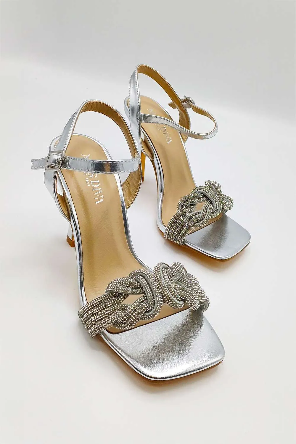 Manal Diamante Strap Square Toe Heeled Sandals in Silver