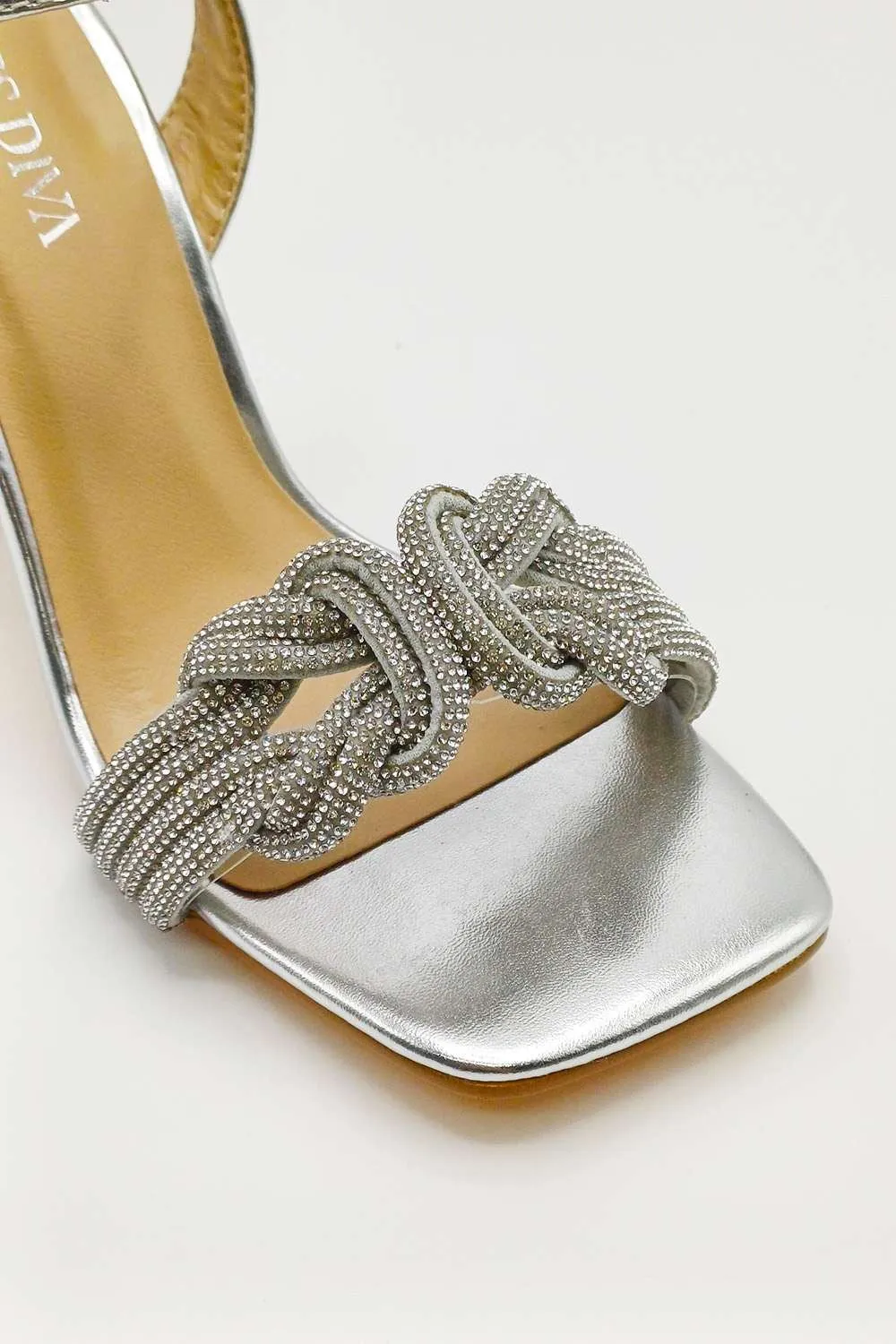 Manal Diamante Strap Square Toe Heeled Sandals in Silver