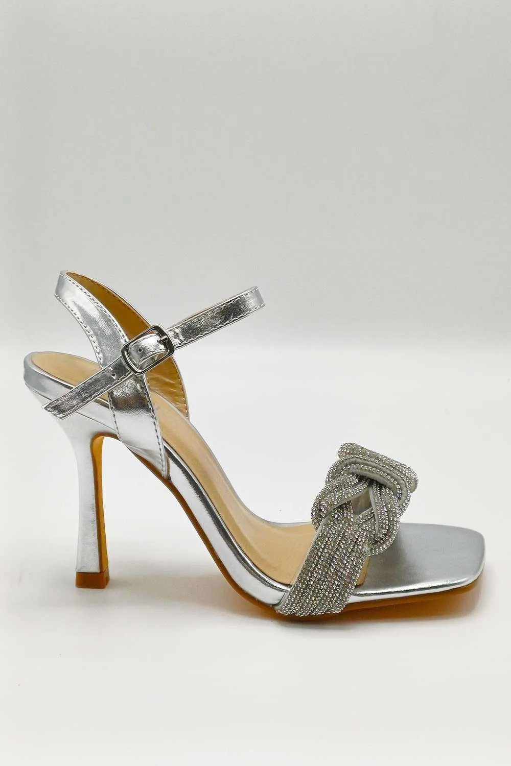 Manal Diamante Strap Square Toe Heeled Sandals in Silver