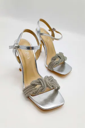 Manal Diamante Strap Square Toe Heeled Sandals in Silver