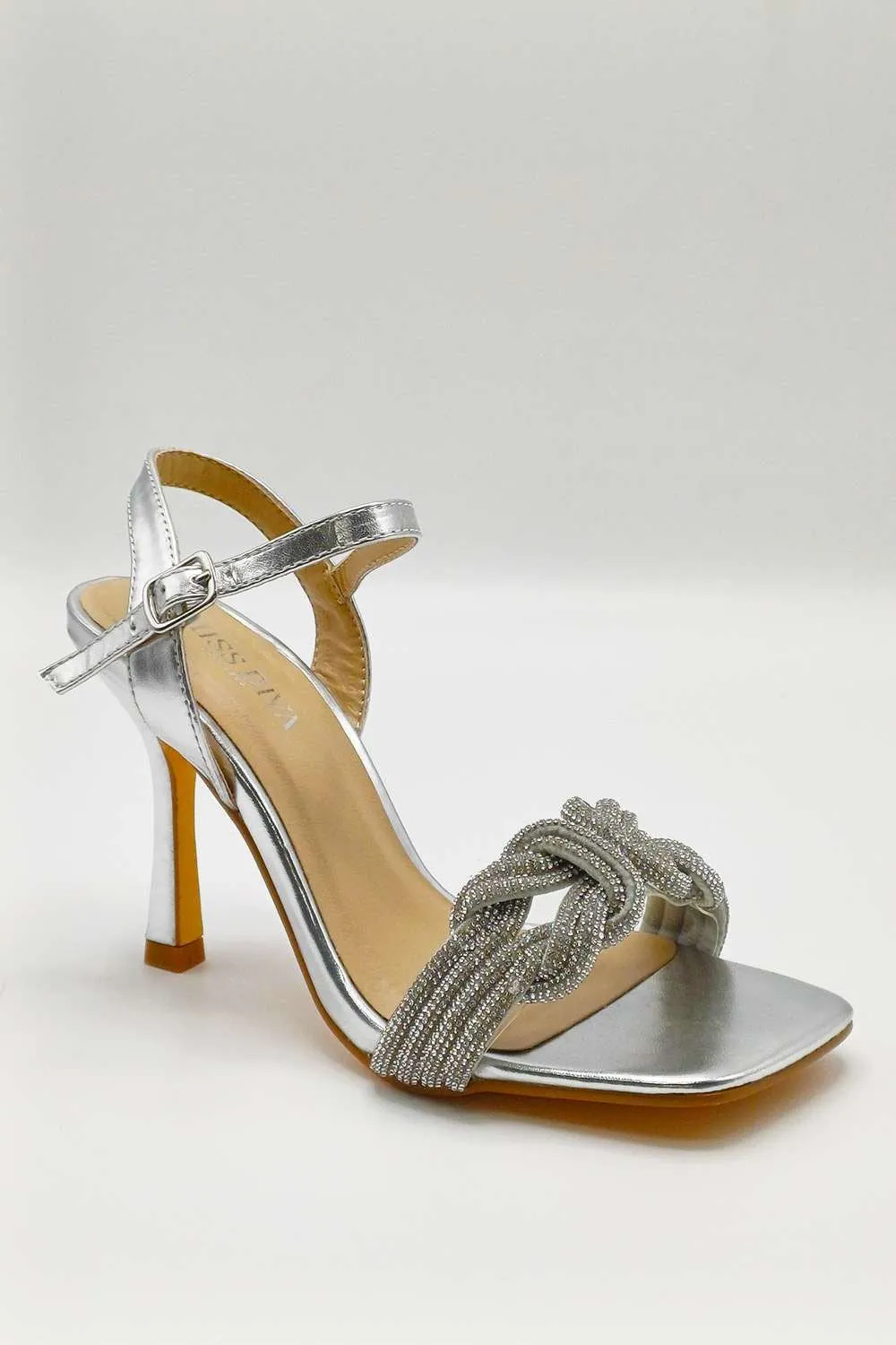 Manal Diamante Strap Square Toe Heeled Sandals in Silver