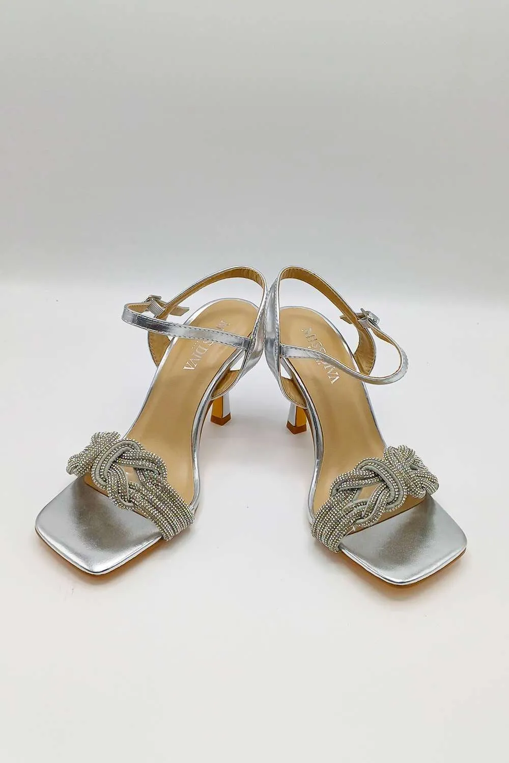 Manal Diamante Strap Square Toe Heeled Sandals in Silver