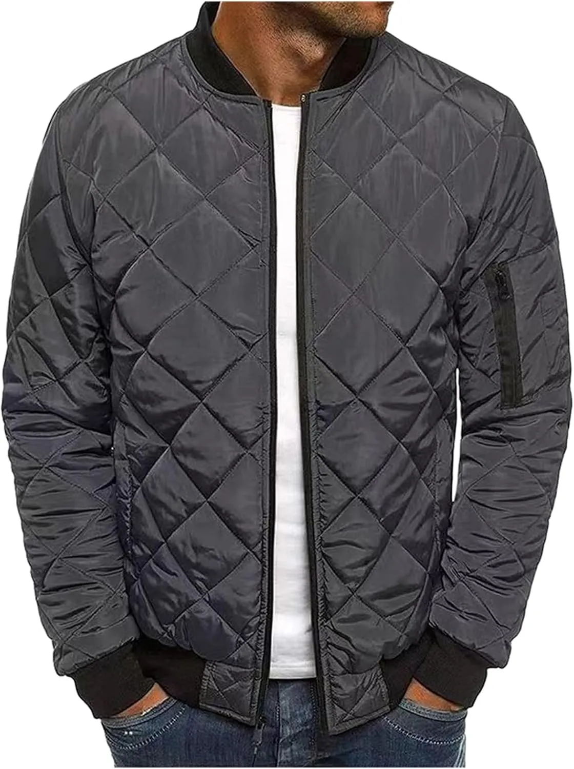 Mens Bomber Jackets Lightweight Jacket Coat Loose Fit Outwear Casual Sportswear Diamond Quilted Jackets