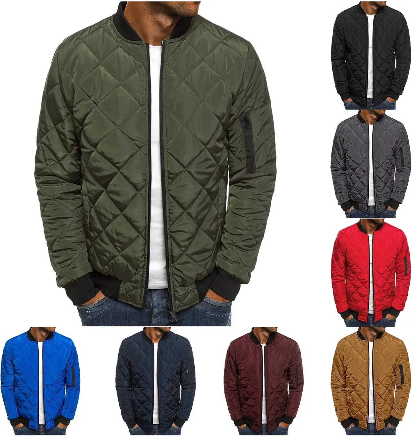 Mens Bomber Jackets Lightweight Jacket Coat Loose Fit Outwear Casual Sportswear Diamond Quilted Jackets