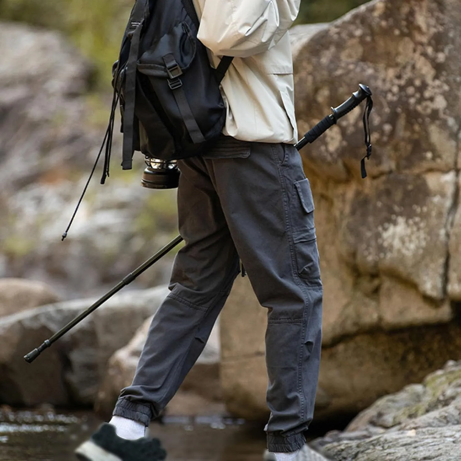 Mens Casual Cargo Pants Slim-Fit Drawstring Outdoor Hiking Pants Multi-Pockets Cotton Comfort Trousers for Travel