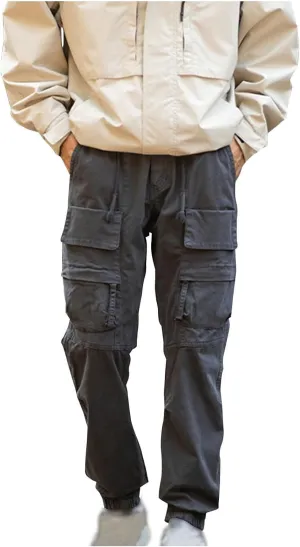 Mens Casual Cargo Pants Slim-Fit Drawstring Outdoor Hiking Pants Multi-Pockets Cotton Comfort Trousers for Travel