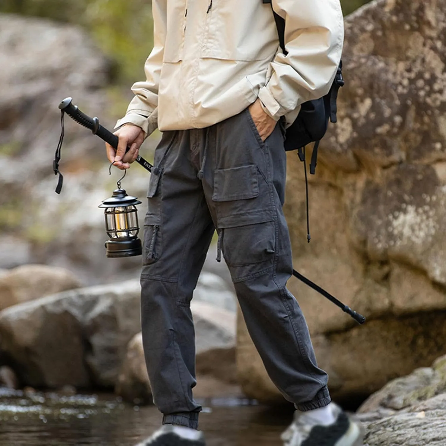 Mens Casual Cargo Pants Slim-Fit Drawstring Outdoor Hiking Pants Multi-Pockets Cotton Comfort Trousers for Travel