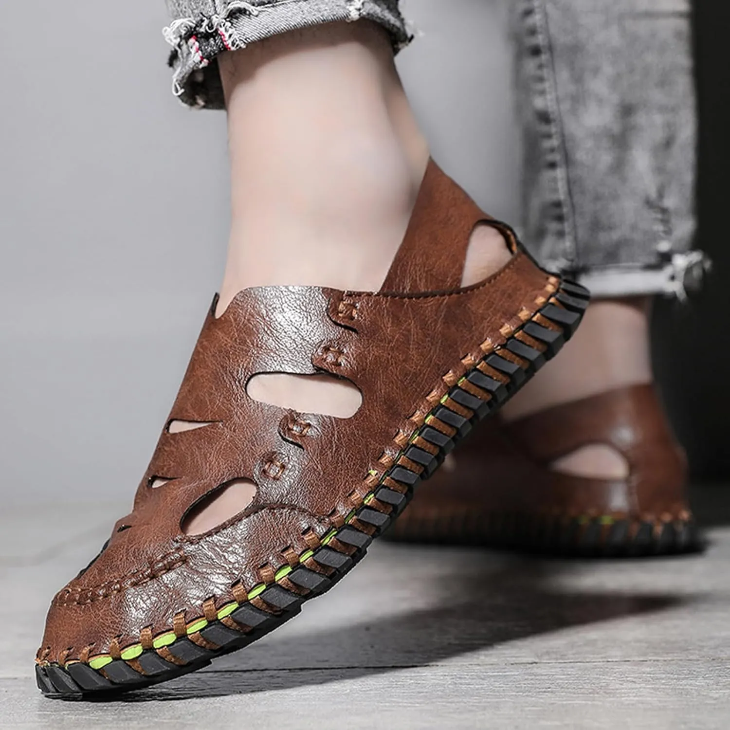 Men's Casual Soft Sandals, Handmade Summer Pull on Beach Shoes, Fashion Closed Toe Fisherman Shoes