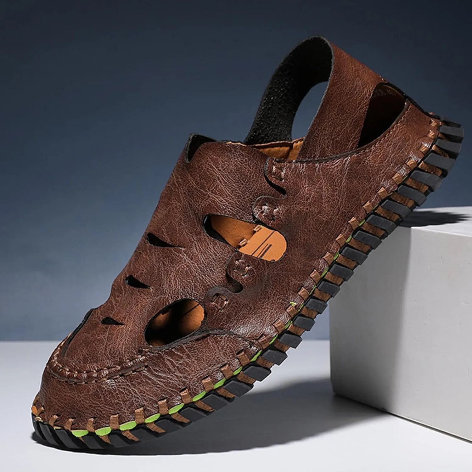 Men's Casual Soft Sandals, Handmade Summer Pull on Beach Shoes, Fashion Closed Toe Fisherman Shoes