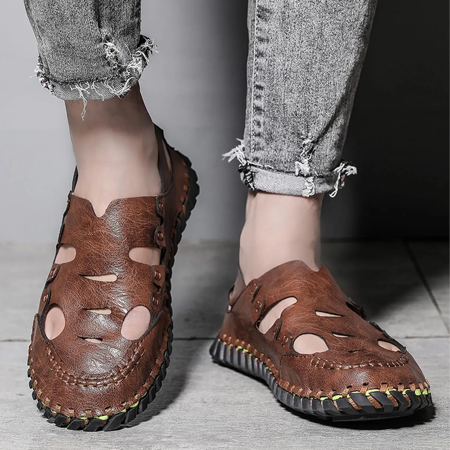 Men's Casual Soft Sandals, Handmade Summer Pull on Beach Shoes, Fashion Closed Toe Fisherman Shoes