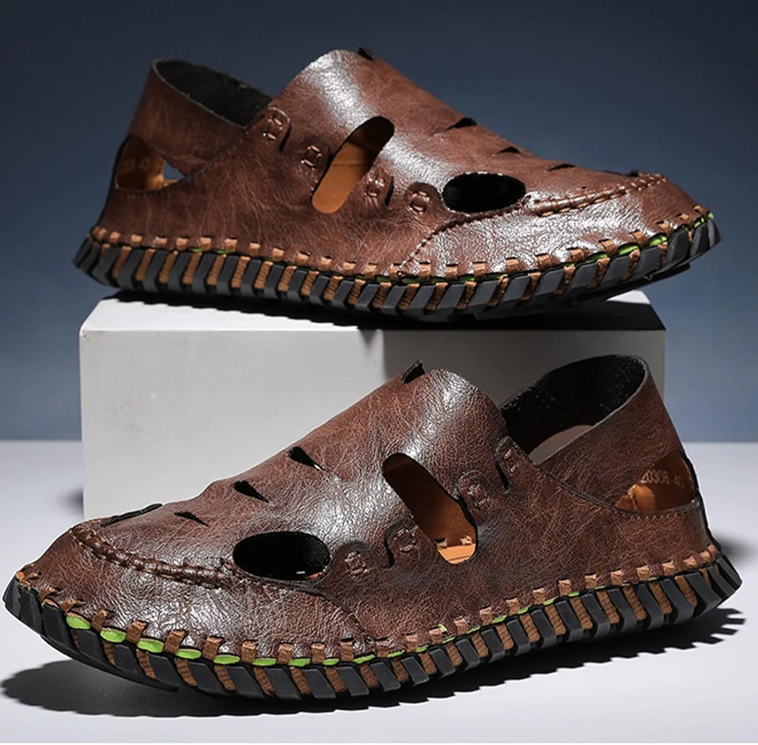 Men's Casual Soft Sandals, Handmade Summer Pull on Beach Shoes, Fashion Closed Toe Fisherman Shoes