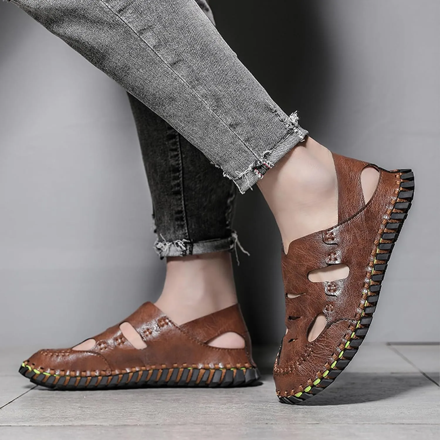 Men's Casual Soft Sandals, Handmade Summer Pull on Beach Shoes, Fashion Closed Toe Fisherman Shoes