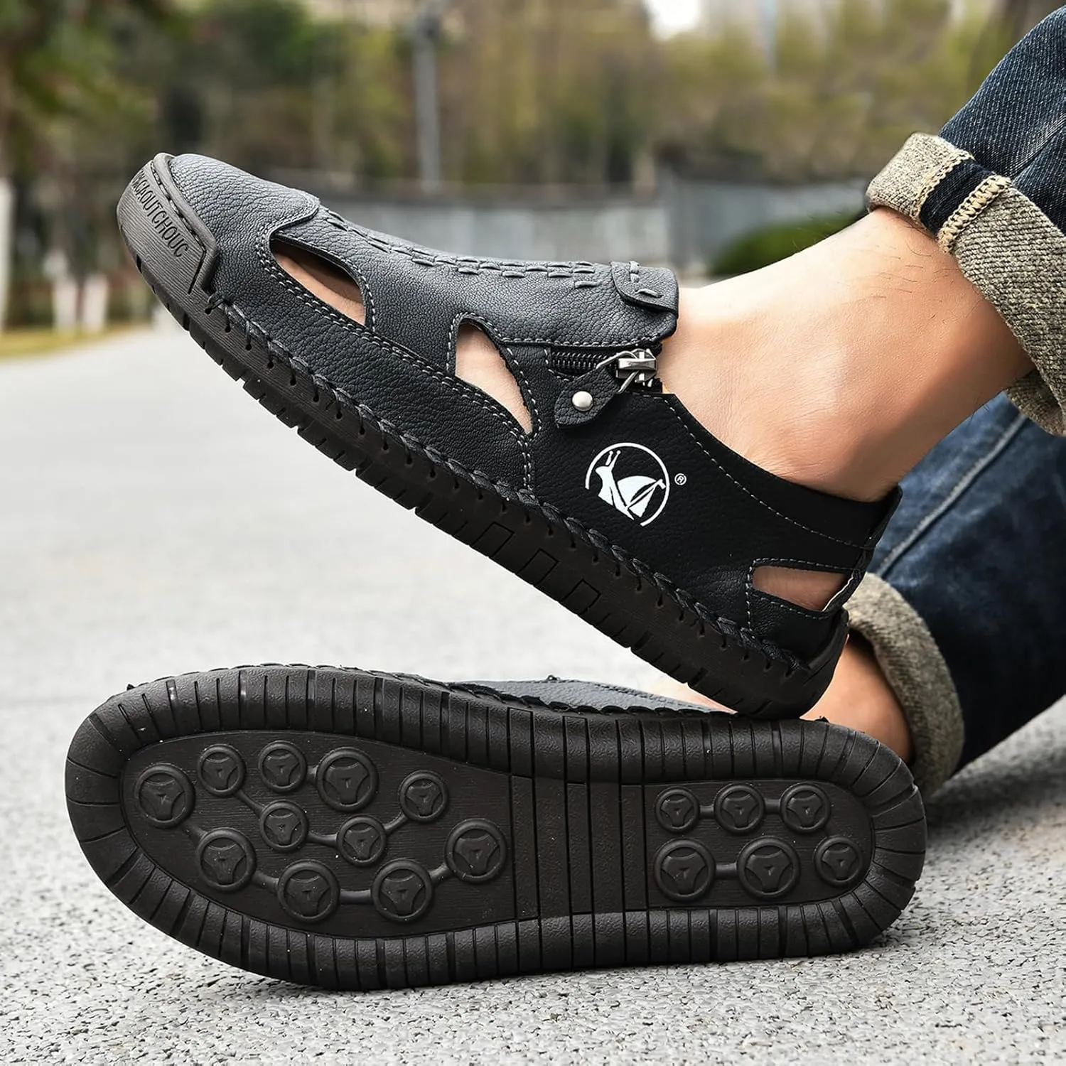 Men's Leather Closed Toe Beach Fisherman Sandals with Side Zip Hand Stitched Hollow Out Slip on Casual Loafers Summer Breathable Walking Shoes for Hiking Camping & Driving