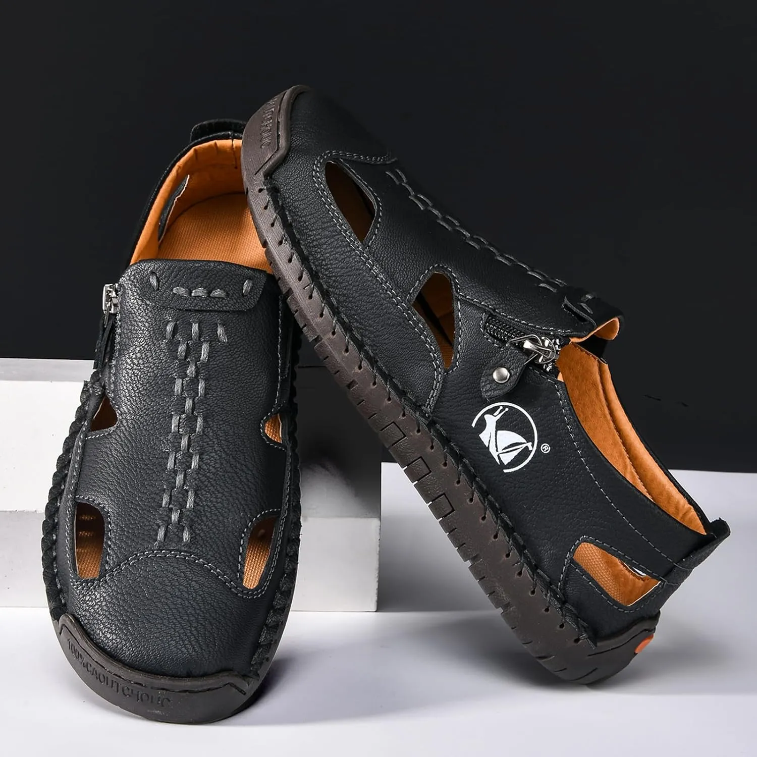 Men's Leather Closed Toe Beach Fisherman Sandals with Side Zip Hand Stitched Hollow Out Slip on Casual Loafers Summer Breathable Walking Shoes for Hiking Camping & Driving
