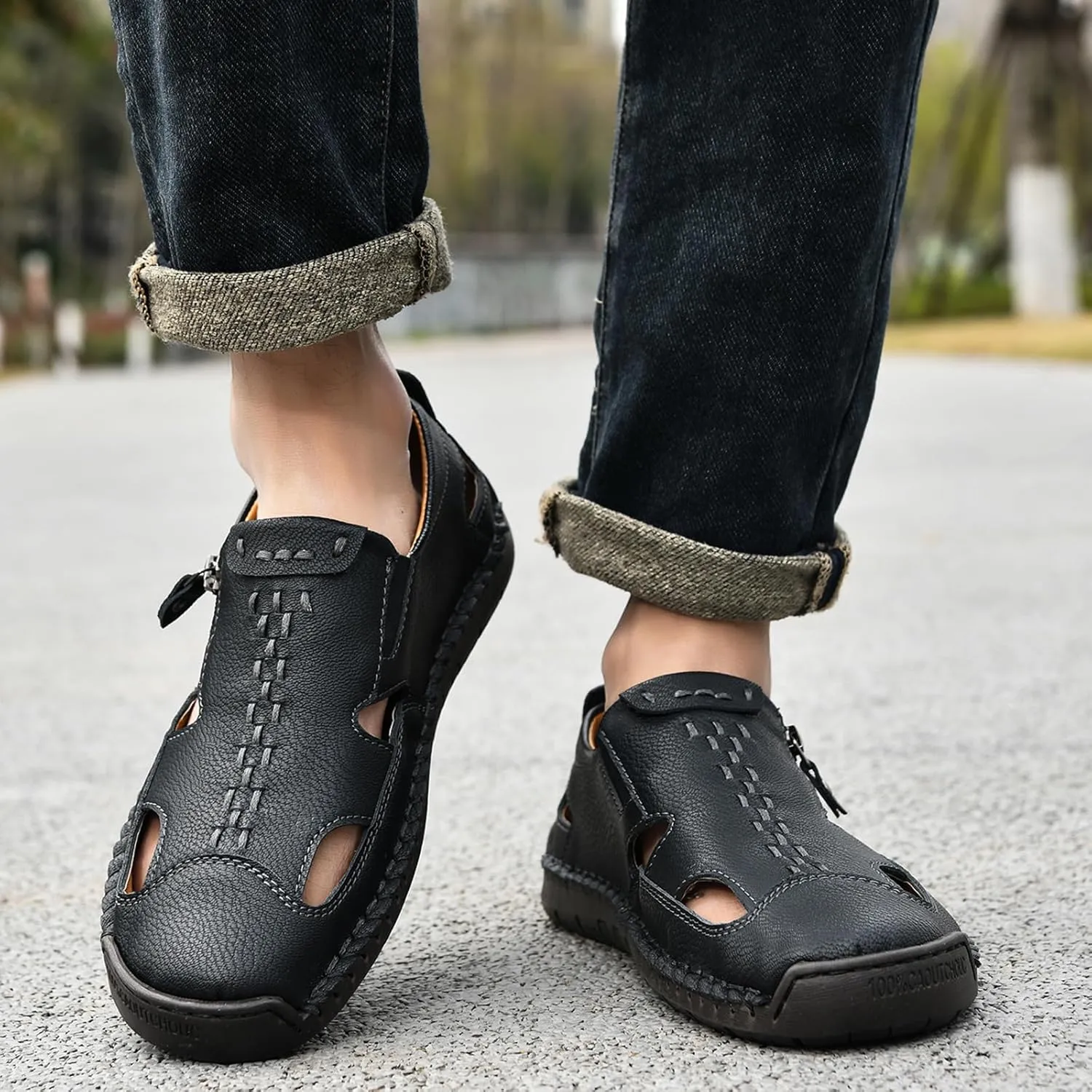 Men's Leather Closed Toe Beach Fisherman Sandals with Side Zip Hand Stitched Hollow Out Slip on Casual Loafers Summer Breathable Walking Shoes for Hiking Camping & Driving