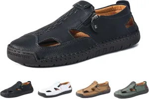 Men's Leather Closed Toe Beach Fisherman Sandals with Side Zip Hand Stitched Hollow Out Slip on Casual Loafers Summer Breathable Walking Shoes for Hiking Camping & Driving