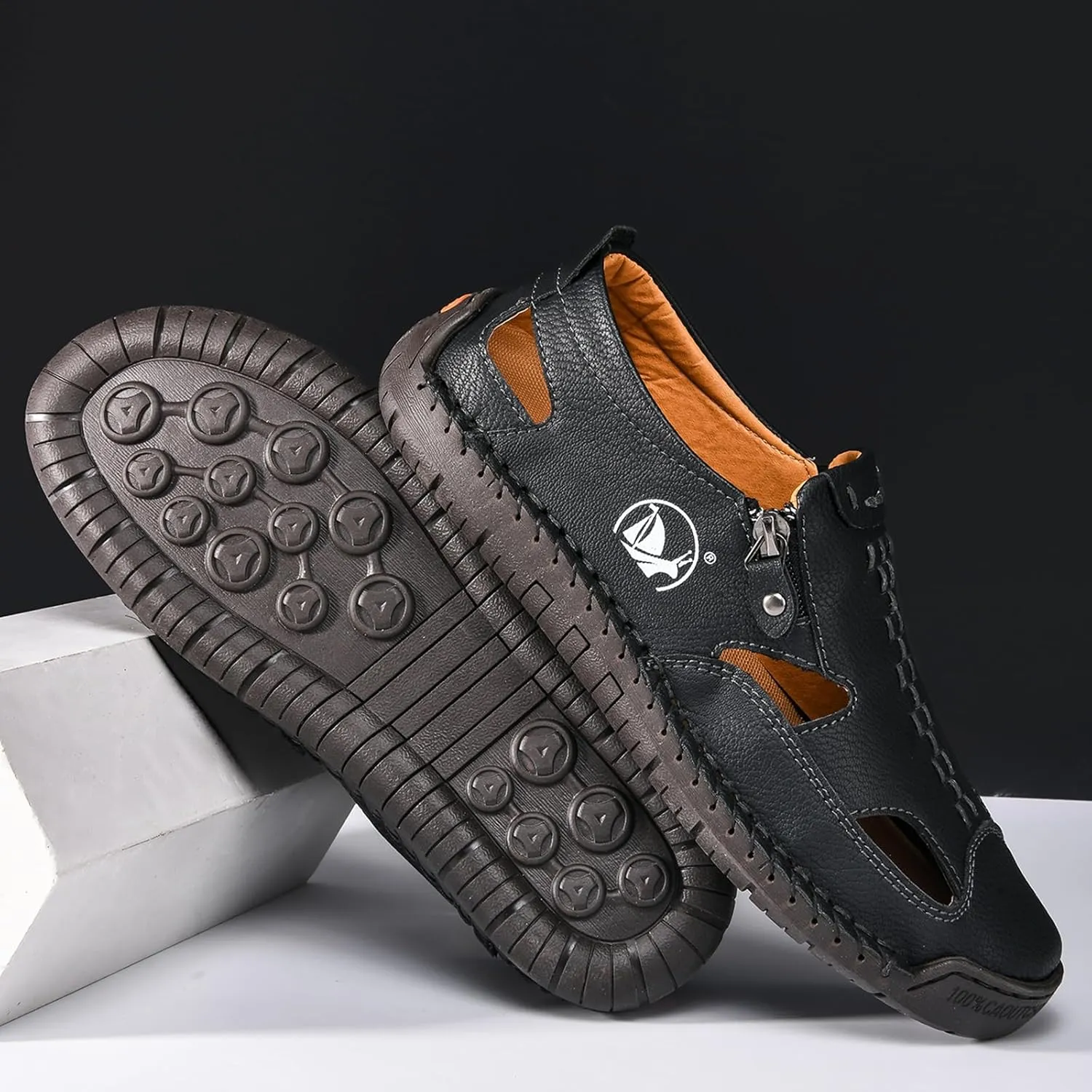 Men's Leather Closed Toe Beach Fisherman Sandals with Side Zip Hand Stitched Hollow Out Slip on Casual Loafers Summer Breathable Walking Shoes for Hiking Camping & Driving