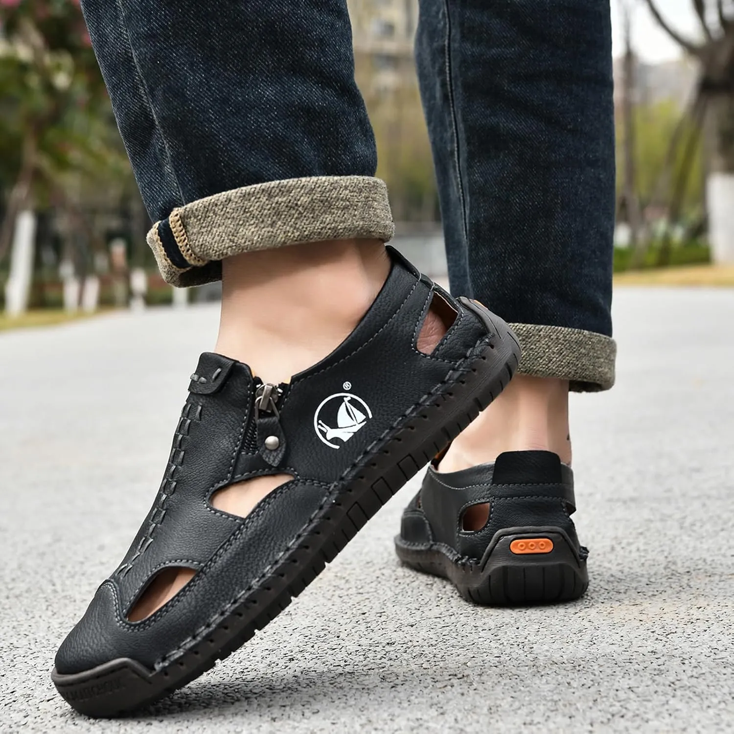 Men's Leather Closed Toe Beach Fisherman Sandals with Side Zip Hand Stitched Hollow Out Slip on Casual Loafers Summer Breathable Walking Shoes for Hiking Camping & Driving