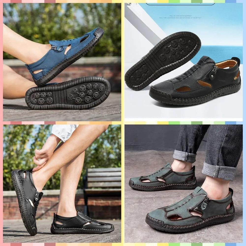 Men's Leather Fisherman Sandals Slip-On | Closed Toe, Breathable, Hand-Sewn, Side Zipper | Stylish & Comfy for Summer Driving, Walking, Hiking, Outdoor Use