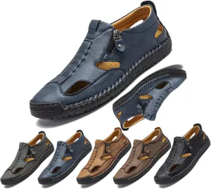 Men's Leather Fisherman Sandals Slip-On | Closed Toe, Breathable, Hand-Sewn, Side Zipper | Stylish & Comfy for Summer Driving, Walking, Hiking, Outdoor Use